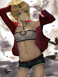  adjusting_hair aito bandeau belt blonde_hair breasts collarbone commentary_request cutoffs denim denim_shorts fate/apocrypha fate/grand_order fate_(series) female green_eyes highres jacket jewelry medium_hair mordred_(fate) mordred_(fate/apocrypha) mordred_(memories_at_trifas)_(fate) navel necklace open_clothes open_jacket pendant petite ponytail red_jacket shorts small_breasts solo strapless tube_top 