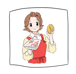  absurdres apron brown_eyes brown_hair collared_shirt female food highres holding holding_food honda_mio idolmaster idolmaster_cinderella_girls iwashi_iwashimo long_sleeves red_apron shirt short_hair simple_background smile solo white_background yellow_shirt 