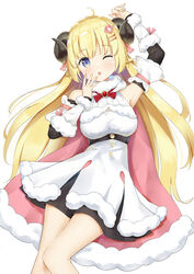  ahoge animal_ears arm_up blonde_hair blush bow bowtie breasts cleavage cloak commentary_request detached_sleeves dress female fuji_noyume fur-trimmed_dress fur_collar fur_trim hair_ornament hand_to_own_mouth highres hololive horns long_hair looking_at_viewer medium_breasts one_eye_closed parted_lips purple_eyes red_bow red_bowtie sheep_ears sheep_girl sheep_horns simple_background solo straight_hair tears thighs tsunomaki_watame tsunomaki_watame_(1st_costume) very_long_hair virtual_youtuber white_background white_dress yawning 