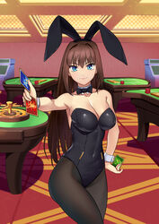  animal_ears aozaki_aoko bare_shoulders black_bow black_leotard black_pantyhose blue_eyes bow bowtie breasts brown_hair card casino cleavage closed_mouth collarbone commentary_request covered_navel cqqz0707 detached_collar fake_animal_ears fate/grand_order fate_(series) female hair_between_eyes hair_intakes hand_on_own_hip highres holding holding_card indoors large_breasts leotard long_hair looking_at_viewer mahou_tsukai_no_yoru pantyhose playboy_bunny rabbit_ears smile solo strapless strapless_leotard wrist_cuffs 