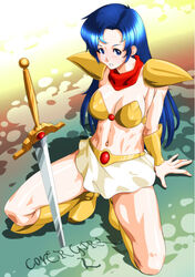  armor asou_yuuko bikini_armor blue_eyes blue_hair boots breasts cleavage commentary_request female knee_boots long_hair looking_at_viewer midriff mugen_senshi_valis open_mouth qkat_(arikawa-dou) red_scarf scarf shoulder_pads skirt solo sword weapon 