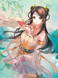  artist_request bare_legs brown_hair chinese_clothes cleavage_cutout clothing_cutout condor_trilogy detached_sleeves female hair_bun hair_ornament hair_rings hanfu highres holding huang_rong_(she_diao_ying_xiong_zhuan) leaf leaf_hair_ornament long_hair long_sleeves mountain open_mouth sash second-party_source she_diao_ying_xiong_zhuan solo the_legend_of_the_condor_heroes water willow 