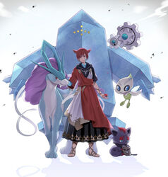  1boy animal_ears babape blue_eyes brown_hair cat_boy cat_ears commentary_request crossover crystal crystal_exarch dress final_fantasy final_fantasy_xiv floating_hair full_body g&#039;raha_tia headpat height_difference holding holding_mask holding_poke_ball klink looking_at_viewer male_focus mask material_growth miqo&#039;te poke_ball poke_ball_(basic) pokemon pokemon_(creature) red_eyes regice sandals short_hair standing suicune toes zorua 