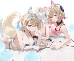  2girls absurdres animal_ear_fluff animal_ears blonde_hair blue_bra blue_eyes blue_hair blue_panties bra breasts cleavage collar collarbone dog_ears dog_tail fuwawa_abyssgard hair_ornament hairband hairclip hashtag-only_commentary headphones highres holding holding_leash hololive hololive_english leash long_hair looking_at_viewer lying medium_breasts mococo_abyssgard multicolored_hair multiple_girls on_back on_bed on_stomach open_bra panties pink_bra pink_hair pink_panties red_eyes short_hair siblings small_breasts starshell tail thighhighs twins two-tone_hair underwear underwear_only white_thighhighs 