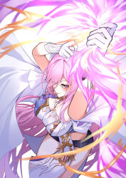  absurdres black_shorts bow_(weapon) breasts cleavage clothing_cutout commentary corset diamond-shaped_pupils diamond_(shape) elysia_(herrscher_of_human:_ego)_(honkai_impact) elysia_(honkai_impact) energy_arrow female from_above gloves hair_between_eyes highres holding holding_bow_(weapon) holding_weapon honkai_(series) honkai_impact_3rd kamishiro_noa large_breasts long_hair pink_hair purple_eyes short_shorts shorts side_cutout solo symbol-shaped_pupils thighs very_long_hair weapon white_background white_corset white_gloves white_veil 