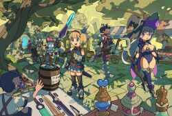  4girls 6+boys :d :o armor armored_boots barrel belt black_hair black_hairband black_hat black_thighhighs blonde_hair blue_leotard book boots breasts buckle cape dagger dappled_sunlight dress fantasy gauntlets gloves grass greentanuki grey_hair hairband hat high_heel_boots high_heels holding holding_staff holding_sword holding_weapon hood hood_up knife large_breasts leotard market market_stall merchant multiple_boys multiple_girls original outdoors pauldrons pink_hair potion purple_cape purple_eyes ruins scabbard sheath sheathed short_dress shoulder_armor single_pauldron smile staff standing strapless strapless_leotard sunlight suspenders sword thighhighs tree walking weapon witch_hat zettai_ryouiki 