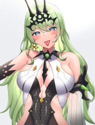  1nilla&#039; absurdres asymmetrical_gloves bare_shoulders black_dress black_gloves breasts claw_ring cleavage closed_mouth clothing_cutout dress female gloves gradient_eyes green_eyes green_hair hair_between_eyes headpiece highres honkai_(series) honkai_impact_3rd large_breasts looking_at_viewer mobius_(honkai_impact) multicolored_eyes side_cutout simple_background sleeveless sleeveless_dress slit_pupils solo tongue tongue_out uneven_gloves white_background 