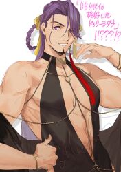  1boy bara bb_dubai_(fate) bb_dubai_(fate)_(cosplay) black_dress braided_hair_rings cosplay cowboy_shot crossdressing dress duryodhana_(fate) earrings fabulous facial_hair fate/grand_order fate_(series) goatee goatee_stubble grin hair_ribbon hand_up highres jewelry large_pectorals limp_wrist long_hair looking_at_viewer male_focus mature_male muscular muscular_male pectorals purple_eyes purple_hair ribbon smile solo stubble thick_eyebrows translation_request yellow_ribbon ziege113 