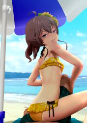  1boy ahoge beach bikini blue_eyes blue_sky breasts brown_hair cloud female flower frilled_bikini frills hair_flower hair_ornament hololive j-unit_(lilykiss) long_hair looking_at_viewer looking_back natsuiro_matsuri natsuiro_matsuri_(hololive_summer_2019) official_alternate_costume orange_print sky small_breasts smile swimsuit virtual_youtuber water yellow_bikini 