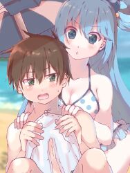  1boy aqua_(konosuba) bad_link beach beach_umbrella bikini blue_eyes blue_hair blush breasts brown_hair excited female float furrowed_brow green_shorts hair_between_eyes hair_ornament hair_rings highres holding holding_swim_ring ikasumi_82 kono_subarashii_sekai_ni_shukufuku_wo! large_breasts long_hair looking_at_another nervous_sweating open_mouth parasol satou_kazuma short_hair shorts single_hair_ring straight sweat swim_ring swimsuit topless_male touching_another&#039;s_back umbrella very_long_hair waiting white_bikini 