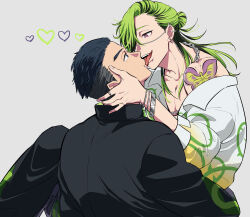  2boys absurdres artist_request bucchigiri?! from_side gakuran hair_slicked_back heart highres jin_marito kissing licking licking_another&#039;s_face male_focus multiple_boys off_shoulder outa_tahide profile school_uniform short_hair smile thick_eyebrows toned toned_male tongue tongue_out undercut upper_body wavy_hair yaoi 