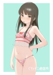  bikini black_hair blue_background bow bow_bikini breasts brown_eyes cowboy_shot female floral_print hand_on_own_hip hatsuyuki_(kancolle) highres kantai_collection long_hair navel pink_bikini sakieko small_breasts solo swimsuit two-tone_background 