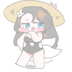  black_one-piece_swimsuit blue_eyes blush_stickers breasts brown_dust brown_dust_2 brown_hair chibi dalvi_(brown_dust) eyebrows_hidden_by_hair female flower fox_girl full_body hair_flower hair_ornament hand_on_own_chin hat kitsune kyuubi long_hair multiple_tails oerba_yun_fang one-piece_swimsuit open_mouth slit_pupils small_breasts smile solo standing standing_on_one_leg straw_hat sun_hat swimsuit tail user_rfza3582 white_flower 