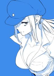  blue_background breasts cleavage collarbone female hat highres large_breasts looking_at_viewer looking_to_the_side low_ponytail monochrome parted_lips rainbow_parakeet senri_mariko sidelocks simple_background solo upper_body yasuda_suzuhito 