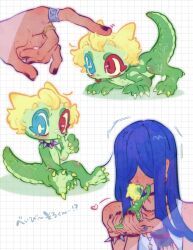  animal_humanoid blep clothed clothing dinosaur_humanoid duo headpat heterochromia hi_res human humanoid male mammal reptile reptile_humanoid scalie scalie_humanoid size_difference takoya_de tongue tongue_out 