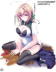  black_panties black_thighhighs blonde_hair blue_bra blue_skirt bra braid braided_bangs breasts female flying_button hachiware_(8ware63) hair_between_eyes hair_down highres kantai_collection large_breasts long_hair miniskirt panties perth_(kancolle) pleated_skirt purple_eyes shirt short_sleeves sitting skirt skirt_around_one_ankle solo thighhighs translation_request underwear wardrobe_malfunction wariza white_shirt 