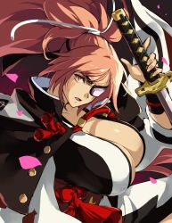  amputee baiken big_hair black_kimono breasts cherry_blossoms cleavage commentary_request eyepatch falling_petals female guilty_gear guilty_gear_strive hair_tie holding holding_swim_ring huge_breasts jako_(toyprn) japanese_clothes katana kimono multicolored_clothes multicolored_kimono one-eyed open_clothes open_kimono open_mouth petals pink_hair reverse_grip samurai scar scar_across_eye scar_on_face solo swim_ring sword weapon 