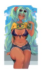  absurdres alternate_breast_size aqua_eyes aqua_hair bikini black_bikini brazilian_miku breasts can commentary cutoffs dark_skin earrings female flower grin guarana_antarctica hair_flower hair_ornament hand_up hatsune_miku highres holding holding_can jewelry large_breasts long_hair looking_at_viewer navel red_flower revision shirt short_shorts shorts sitting smile solo stomach swimsuit thighs twintails very_long_hair vitaminechan vocaloid yellow_shirt 