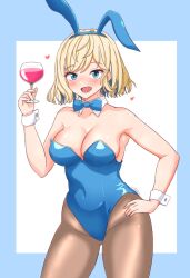  alternate_costume animal_ears blonde_hair blue_bow blue_bowtie blue_eyes blue_hair blue_leotard bow bowtie breasts brown_pantyhose cleavage colored_inner_hair commentary_request cup detached_collar drinking_glass female gloire_(kancolle) hand_on_own_hip highres holding kantai_collection leotard medium_breasts multicolored_hair pantyhose playboy_bunny rabbit_ears short_hair smile solo strapless strapless_leotard two-tone_background wine_glass wrist_cuffs yatsurugi 