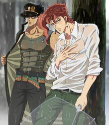  abs against_tree amarans gay jojo&#039;s_bizarre_adventure jotaro_kujo male_only muscles muscular_male noriaki_kakyoin revealing_clothing sfw stardust_crusaders tight_clothing umbrella wet_clothes 