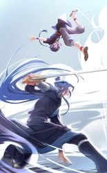  2boys black_footwear black_hair blue_hair dodging duel grey_pants highres holding holding_sword holding_weapon lanxi_zhen long_hair long_sleeves luo_xiaohei_zhanji multiple_boys open_mouth pants pointy_ears profile sandals shoes short_sleeves smile suncle sword weapon wuxian_(the_legend_of_luoxiaohei) xuan_li_(the_legend_of_luoxiaohei) 