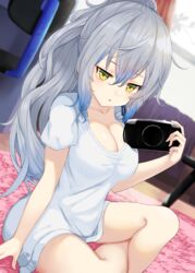  absurdres breasts cleavage collarbone dutch_angle female gradient_hair grey_hair handheld_game_console highres holding indian_style indoors large_breasts long_hair long_shirt looking_at_viewer multicolored_hair original parted_lips playstation_portable ponytail shirt short_sleeves sitting solo thighs white_shirt yamato_(muchuu_paradigm) yellow_eyes 