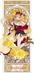  ankle_boots art_nouveau bad_id bad_twitter_id black_leotard blonde_hair blush boots bow breasts cape character_name crown detached_sleeves english_text ereshkigal_(fate) fate/grand_order fate_(series) female floating_hair floral_background flower hairbow hand_up high_heel_boots high_heels highres leotard long_hair long_sleeves looking_at_viewer medium_breasts orange_eyes parted_lips pink_eyes red_bow red_cape satsuki_(miicat) simple_background single_thighhigh smile solo spine standing strapless strapless_leotard thighhighs twintails two-sided_cape two-sided_fabric white_background wide_shot yellow_flower 