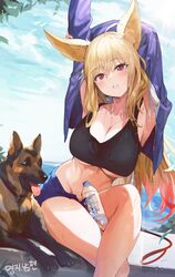  absurdres ahoge animal_ears armpits arms_behind_head arms_up between_thighs blonde_hair blush bottle breasts canine cleavage commission crop_top crossed_legs dungeon_and_fighter ellin_meiji female fox_ears hair_between_eyes head_tilt highres large_breasts long_hair looking_at_viewer midriff navel open_fly open_pants original outdoors pants purple_eyes second-party_source short_shorts shorts sidelocks sitting solo sweat tank_top underboob uthy water_bottle 