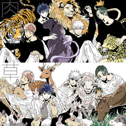  4boys animal arm_up black_background black_eyes black_hair black_shirt blue_eyes brown_hair closed_mouth cowboy_shot deer fushiguro_megumi gojou_satoru green_hair holding holding_removed_eyewear horse itadori_yuuji jujutsu_kaisen leopard line_line lion long_sleeves looking_at_viewer multiple_boys multiple_views okkotsu_yuuta pants parted_lips rabbit round_eyewear scar scar_on_face sheep shirt short_hair sitting smile spiked_hair sunglasses tiger unworn_eyewear white_background white_hair white_pants white_shirt yellow_eyes 