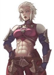  abs armor bloopiest brown_gloves clenched_hand cosplay female final_fantasy final_fantasy_xiv gloves grey_hair hair_slicked_back hand_on_own_hip highres merlwyb_bloefhiswyn minfilia_warde minfilia_warde_(cosplay) muscular muscular_female navel obliques parted_lips red_lips roegadyn short_hair simple_background slit_pupils solo turtleneck white_background yellow_eyes 