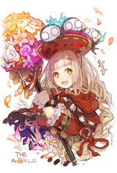  +++ +_+ :d blush braid brown_eyes brown_hair capelet commentary_request female flower haku_(sabosoda) hat highres holding jacket lock long_hair long_sleeves looking_at_viewer open_mouth padlock petals pink_flower pink_rose red_capelet red_hat red_jacket red_riding_hood_(sinoalice) rose simple_background sinoalice smile solo teeth upper_body upper_teeth_only very_long_hair white_background white_flower yellow_flower 