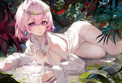  :o akizero1510 alternate_costume aqua_ribbon bow bra breasts choker cleavage collar detached_collar eyelashes female flower gradient_ribbon hair_between_eyes head_wreath highres honkai:_star_rail honkai_(series) large_breasts leaf legs long_sleeves looking_at_viewer lotus lying march_7th_(honkai:_star_rail) medium_hair nail_polish nature navel on_stomach open_mouth panties pink_eyes pink_hair pink_nails plant ribbon ribbon_earrings sleeves_past_wrists snake solo thighs transparent_flower underwear water_drop wetland white_bow white_bra white_choker white_collar white_panties 