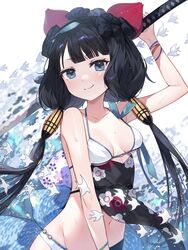  bare_shoulders bikini blue_eyes breasts cleavage collarbone fate/grand_order fate_(series) female floral_print goggles goggles_on_head hair_ornament highres katana katsushika_hokusai_(fate) katsushika_hokusai_(swimsuit_saber)_(fate) long_hair looking_at_viewer medium_breasts navel obi purple_hair sash shibainu sidelocks smile solo swimsuit sword weapon white_bikini 