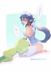  barefoot black_hair braid braided_ponytail breasts cleavage dog_tail earrings female full_body genderswap_(mtf) gloves grey_shirt hand_up hat highres hoop_earrings jewelry lanxi_zhen large_breasts long_hair luo_xiaohei_zhanji pointy_ears purple_eyes rule_63 seiza shirt shorts sitting speech_bubble suncle tail thighhighs white_gloves white_shorts xuan_li_(the_legend_of_luoxiaohei) 