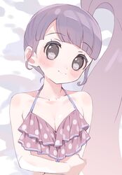  bikini blush breasts cleavage female frilled_bikini frills hyakumangoku_masurao long_hair manaka_non polka_dot polka_dot_bikini pretty_series pripara purple_hair side_ponytail simple_background smile solo swimsuit upper_body very_long_hair 