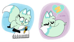  16:9 anthro arctic_fox blue_background blue_body blue_fur canid canine chikn_nuggit closed_eyes digital_media_(artwork) drawing female feral fox fur light_body light_fur mammal markings notebook pencil_(object) pink_background qwertypictures simple_background sleeping slushi_(chikn_nuggit) solo tail tail_markings true_fox widescreen 