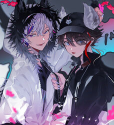  2boys alternate_costume animal_ears baseball_cap black_jacket blonde_hair blue_eyes blurry blurry_foreground brown_hair collarbone crossed_bangs eyelashes eyes_visible_through_hair fingernails fur_trim fuwa_minato hair_between_eyes hat holding holding_leash hood jacket kabedon layered_clothes leash looking_at_viewer male_focus messy_hair multicolored_hair multiple_boys nail_polish nijisanji oerba_yun_fang pink_hair purple_eyes purple_hair saegusa_akina sharp_fingernails shirt smile streaked_hair suou_(sdurorhr) t-shirt tongue tongue_out upper_body virtual_youtuber white_hair white_jacket wolf_ears 