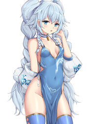  absurdres bare_shoulders blue_choker blue_dress blue_eyes blue_thighhighs braid breasts china_dress chinese_clothes choker clothing_cutout commentary covered_navel cowboy_shot detached_sleeves dress female girls&#039;_frontline gold_trim groin hair_ornament highres long_hair looking_at_viewer no_panties off_shoulder official_alternate_costume pa-15_(alluring_larkspur)_(girls&#039;_frontline) pa-15_(girls&#039;_frontline) pelvic_curtain pom_pom_(clothes) qianqiu_wanxia quad_braids revision side_cutout simple_background sleeveless sleeveless_dress small_breasts solo thighhighs thighs twintails very_long_hair white_background white_hair 