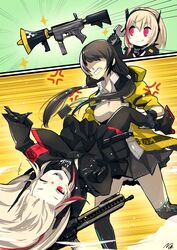  2girls :q anger_vein armband assault_rifle black_gloves black_hair black_jacket black_legwear black_skirt blush_stickers clenched_teeth closed_mouth colt_9mm_smg commentary_request fingerless_gloves girls&#039;_frontline gloves gun headgear highres jacket leg_grab light_brown_hair long_hair long_sleeves m4_carbine m4_sopmod_ii m4_sopmod_ii_(girls&#039;_frontline) mechanical_hands megaphone mineta_naoki multicolored_hair multiple_girls no_eyes one_eye_closed open_mouth red_eyes red_hair rifle ro635_(girls&#039;_frontline) skirt streaked_hair teeth thighhighs tongue tongue_out weapon white_hair wrench yellow_jacket 