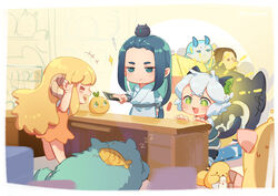  +_+ 2boys animal_ears aqua_hair aqua_horns bidiu_(the_legend_of_luoxiaohei) black_hair blonde_hair brown_hair cat_boy cat_ears cat_tail commentary_request dress female fenmo_(the_legend_of_luoxiaohei) fish green_eyes heixiu holding horns long_hair low-tied_long_hair luo_xiaohei luo_xiaohei_(human) luo_xiaohei_zhanji luozhu_(the_legend_of_luoxiaohei) multiple_boys no_nose open_mouth orange_dress pointy_ears short_hair smile suncle tail very_long_hair white_hair wuxian_(the_legend_of_luoxiaohei) xuhuai_(the_legend_of_luoxiaohei) 