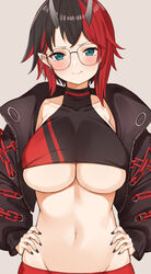  absurdres black_hair black_jacket black_nails blush breasts choco_tanuki cleavage closed_mouth crop_top demon_horns ear_piercing fang_out female glasses hands_on_own_hips highres horns jacket large_breasts long_hair long_sleeves nail_polish nanashi_inc. navel oerba_yun_fang open_clothes open_jacket piercing pointy_ears puffy_long_sleeves puffy_sleeves red_hair ryugasaki_rene ryugasaki_rene_(1st_costume) short_hair simple_background skindentation smile solo stomach sugar_lyric two_side_up underboob upper_body virtual_youtuber 