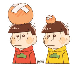  2boys :| arms_at_sides bad_id bad_pixiv_id blush_stickers brothers closed_mouth cropped_torso crossed_bandaids expressionless head_bump hood hood_down hoodie looking_at_another looking_at_viewer looking_to_the_side male_focus masc_(68mb) matsuno_jyushimatsu matsuno_osomatsu multiple_boys osomatsu-kun osomatsu-san osomatsu_(series) photoshop_(medium) red_hoodie siblings signature simple_background upper_body white_background yellow_hoodie 