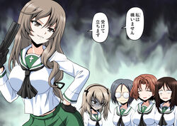  5girls :| absurdres alternate_costume aura azumi_(girls_und_panzer) black-framed_eyewear black_gloves black_ribbon brown_hair closed_eyes closed_mouth collarbone commentary constricted_pupils contrapposto dark_aura folding_fan frown girls_und_panzer girls_und_panzer_senshadou_daisakusen! glasses gloom_(expression) gloves grey_hair hair_intakes hair_ribbon half-closed_eyes hand_fan hand_on_own_hip highres holding holding_fan kamishima_kanon light_brown_hair long_hair low-tied_long_hair mature_female megumi_(girls_und_panzer) midriff_peek mother_and_daughter multiple_girls no_headwear one_side_up ooarai_school_uniform opaque_glasses open_mouth parted_lips ribbon round_eyewear rumi_(girls_und_panzer) school_uniform shimada_arisu shimada_chiyo short_hair sick smile smirk standing sweatdrop swept_bangs translated 