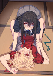  2girls black_hair blonde_hair blue_dress blush caught constricted_pupils cowgirl_position dress grey_dress hair_tie_in_mouth highres indoors inoue_takina long_hair looking_at_viewer lycoris_recoil lycoris_uniform lying medium_hair mouth_hold multiple_girls nairobi_song nishikigi_chisato on_back on_floor open_mouth pleated_dress purple_eyes red_dress red_eyes ribbon ribbon_in_mouth socks sunlight tatami two-tone_dress yuri 