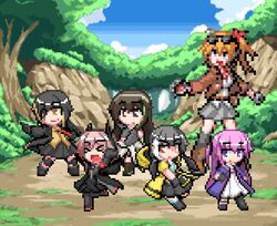  &gt;_&lt; 6+girls anti-rain_(girls&#039;_frontline) black_hair blonde_hair brown_eyes brown_hair closed_eyes cloud commentary_request day eyepatch eyewear_on_head forest girls&#039;_frontline gloves green_hair hair_between_eyes hair_ornament headphones heterochromia highres holding holding_poke_ball jacket kalina_(girls&#039;_frontline) long_hair m16a1_(girls&#039;_frontline) m4_sopmod_ii_(girls&#039;_frontline) m4a1_(girls&#039;_frontline) megaphone mole mole_under_eye multicolored_hair multiple_girls nature necktie open_mouth papurika_modoki parody pink_hair pixel_art pointing pointing_forward poke_ball pokemon purple_eyes red_eyes red_hair ro635_(girls&#039;_frontline) sidelocks smile st_ar-15_(girls&#039;_frontline) standing streaked_hair tree twintails white_hair yellow_eyes 