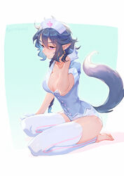  barefoot black_hair braid braided_ponytail breasts cleavage dog_tail earrings female full_body genderswap_(mtf) gloves grey_shirt hand_up hat highres hoop_earrings jewelry lanxi_zhen large_breasts long_hair luo_xiaohei_zhanji pointy_ears purple_eyes rule_63 seiza shirt shorts sitting solo suncle tail thighhighs white_gloves white_shorts xuan_li_(the_legend_of_luoxiaohei) 