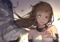  angel angel_wings bare_shoulders black_feathers black_wings blush brown_eyes brown_hair detached_sleeves feathered_wings feathers female heterochromia highres long_hair lower_teeth_only mabinogi mabinogi_heroes single_wing sleeves_past_wrists solo teeth tieve tongue transparent upper_body waymay white_eyes wings 