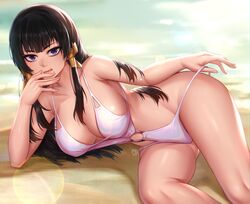  bare_shoulders beach black_hair breasts cleavage collarbone dead_or_alive dead_or_alive_5 female hair_ornament highres hua-j large_breasts long_hair looking_at_viewer lying mole mole_under_mouth nyotengu o-ring on_side one-piece_swimsuit purple_eyes sidelocks smile solo swimsuit thighs white_one-piece_swimsuit 