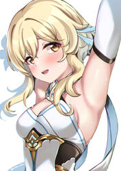  absurdres armpits blonde_hair blush breasts brown_eyes cleavage female flower genshin_impact hair_flower hair_ornament highres lumine_(genshin_impact) medium_breasts open_mouth piano-alice presenting_armpit short_hair short_hair_with_long_locks sidelocks solo sweat upper_body 