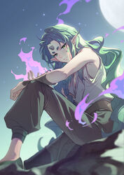  1boy black_pants braid diting_(the_legend_of_luoxiaohei) fire green_eyes green_hair grey_shirt highres horns knee_up lanxi_zhen long_hair looking_at_viewer luo_xiaohei_zhanji male_focus pants pointy_ears purple_fire shirt single_horn sleeveless sleeveless_shirt solo suncle very_long_hair 